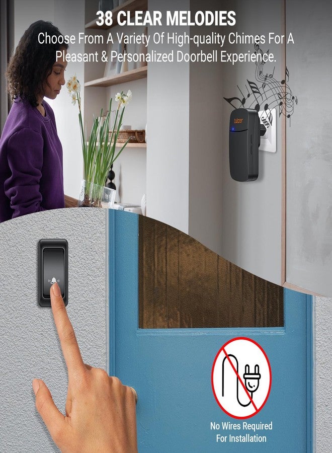 توكزر جرس باب لاسلكي من توكزر، طقم جرس باب مقاوم للماء للمنزل والمكتب مع إضاءة LED، مدى تشغيل يصل إلى 300 متر، 38 نغمة رنين، جهاز استقبال واحد وزر ضغط واحد - Image 3